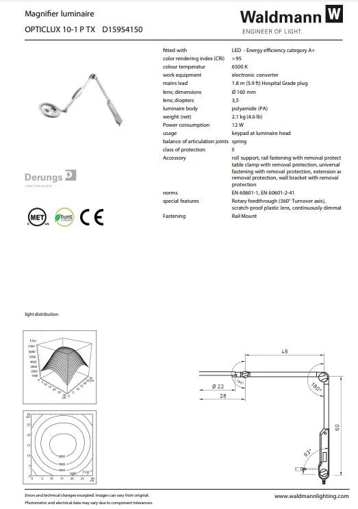 Waldmann OPTICLUX LED Magnifier 10-1 P TX, 12W, 100-240V - Rail Mount *Rail sold separately Waldmann Lighting