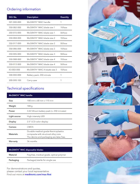 Covidien 301-000-000 McGRATH MAC Video Laryngoscope w/ 3.6V Battery Pack Covidien