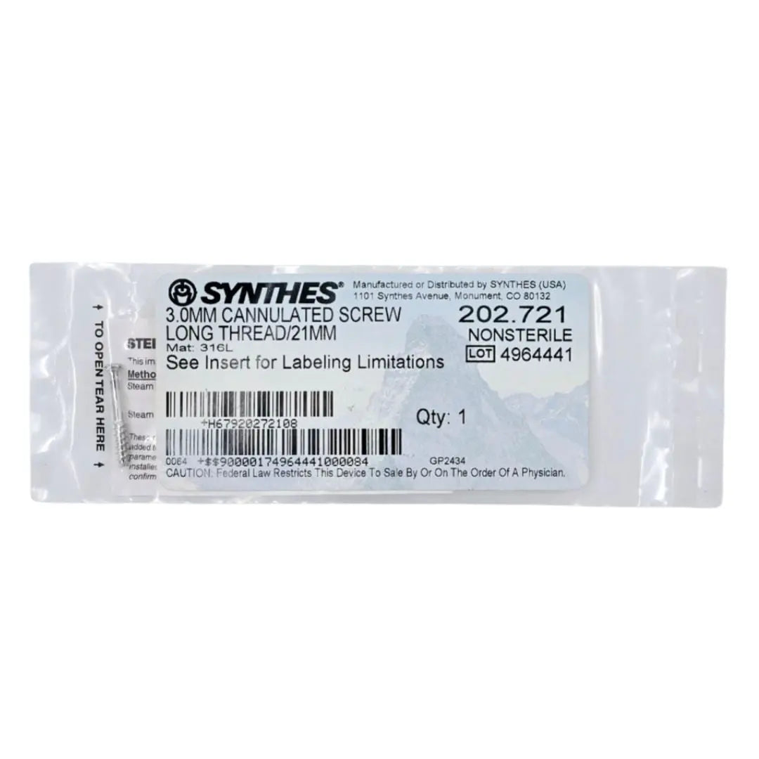 Synthes 202.721 3.0mm Cannulated Screw Long Thread/21mm Synthes