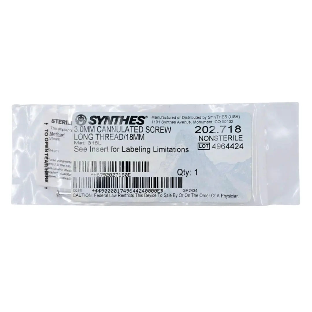 Synthes 202.718 3.0mm Cannulated Screw Long Thread/18mm Synthes