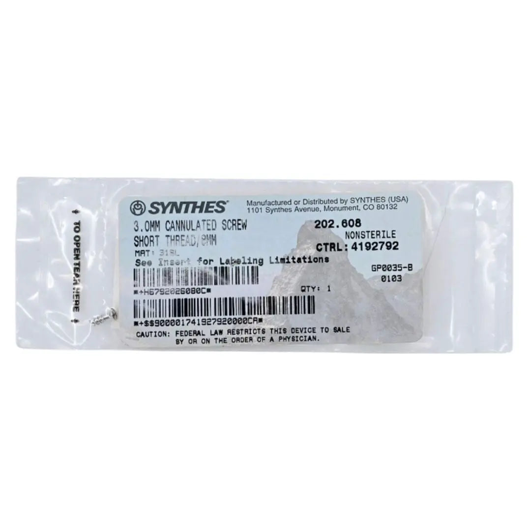 Synthes 202.608 3.0mm Cannulated Screw Short Thread/8mm Synthes