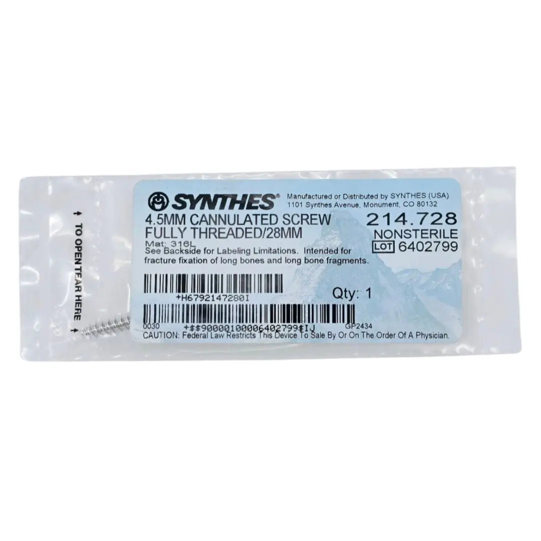 Synthes 214.728 4.5mm Cannulated Screw Fully Threaded/28mm Synthes