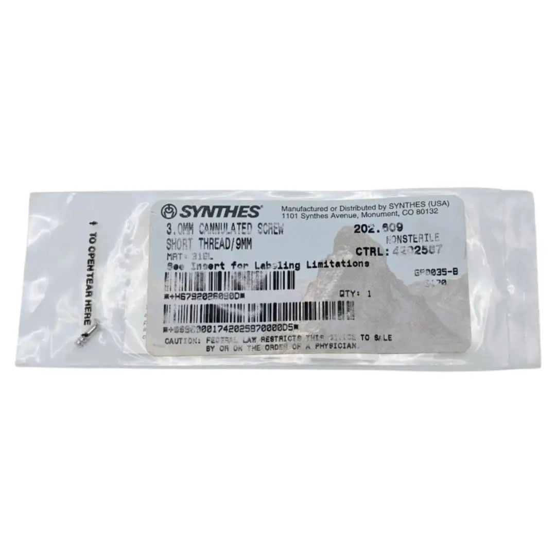 Synthes 202.609 3.0mm Cannulated Screw Short Thread/9mm Synthes