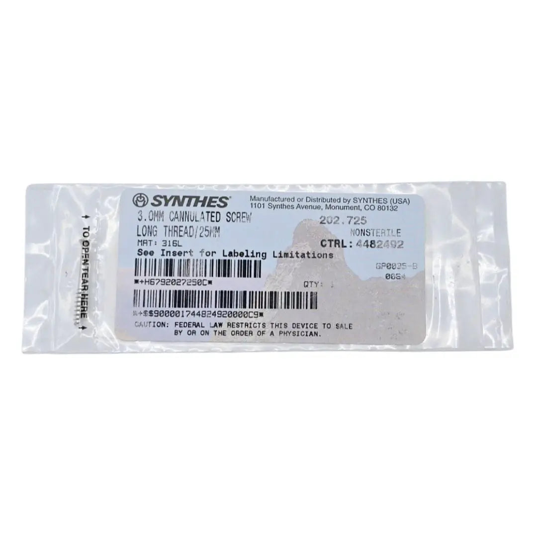 Synthes 202.725 3.0mm Cannulated Screw Long Thread/25mm Synthes