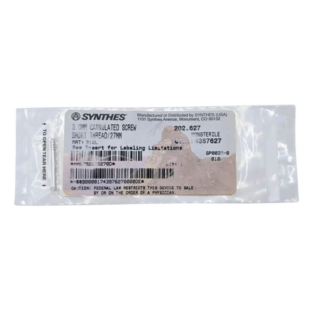 Synthes 202.627 3.0mm Cannulated Screw Short Thread/27mm Synthes
