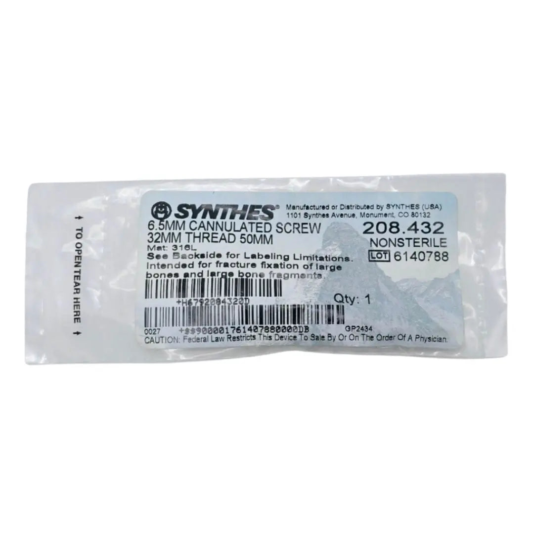 Synthes 208.432 6.5mm Cannulated Screw 32mm Thread 50mm Synthes