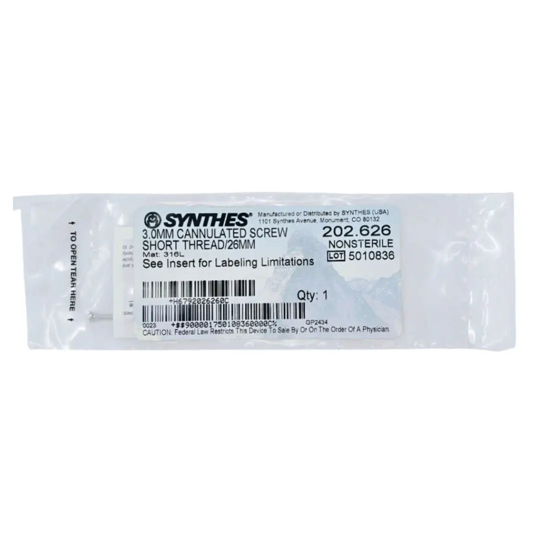 Synthes 202.626 3.0mm Cannulated Screw Short Thread/26mm Synthes