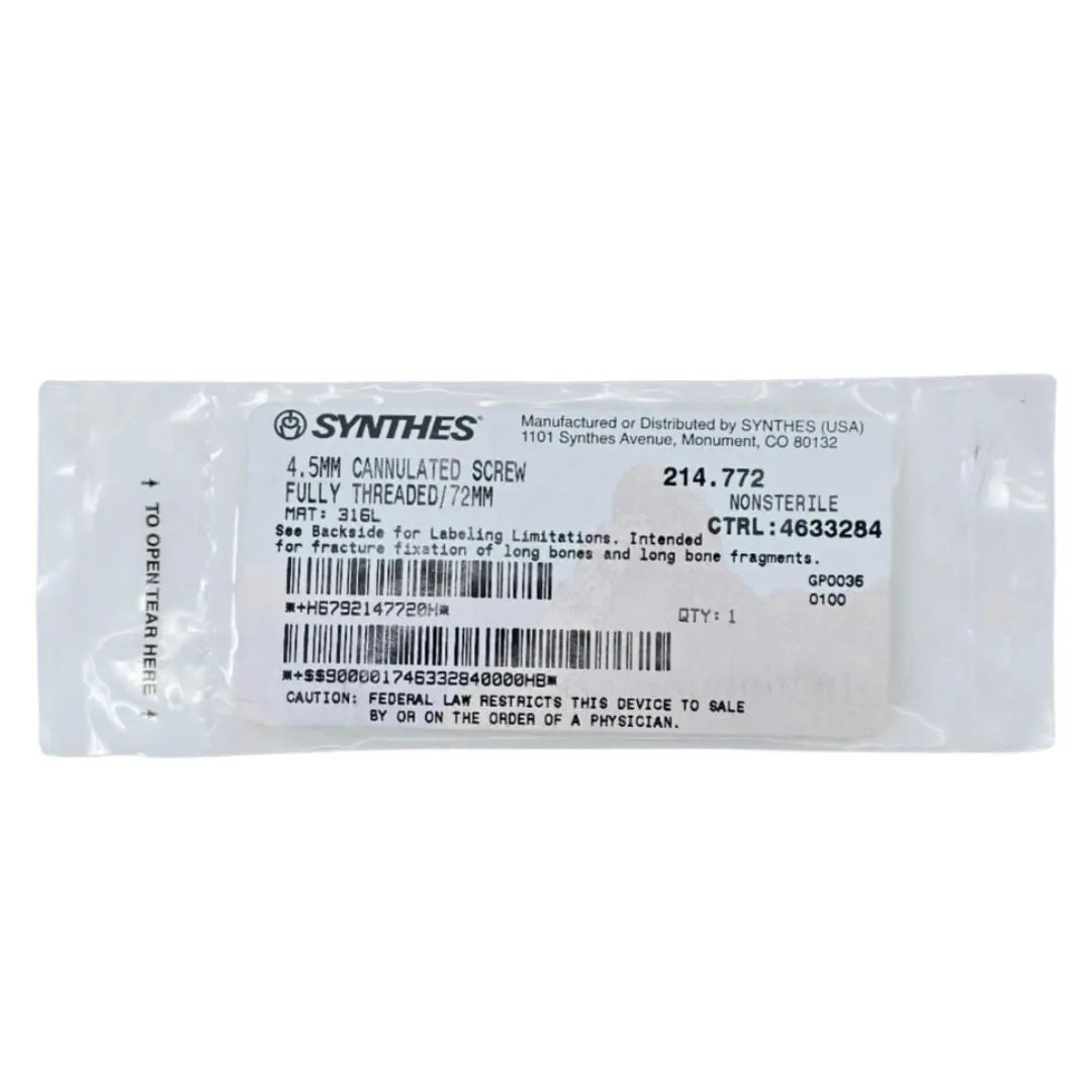 Synthes 214.772 4.5mm Cannulated Screw Fully Threaded/72mm Synthes