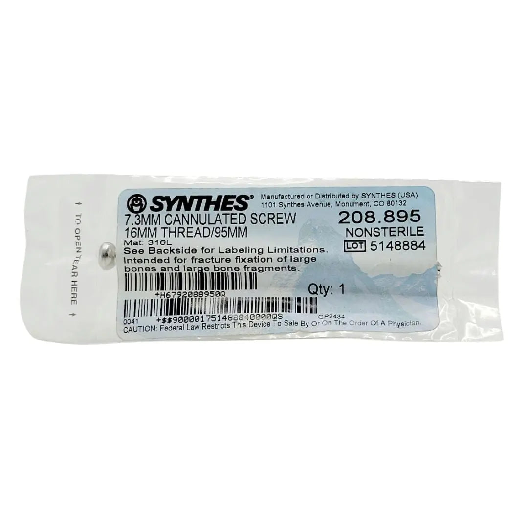 Synthes 208.895 7.3MM CANNULATED SCREW 16MM THREAD/95MM Synthes
