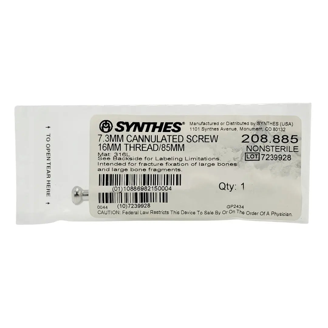 Synthes 208.885 7.3MM CANNULATED SCREW 16MM THREAD/85MM Synthes