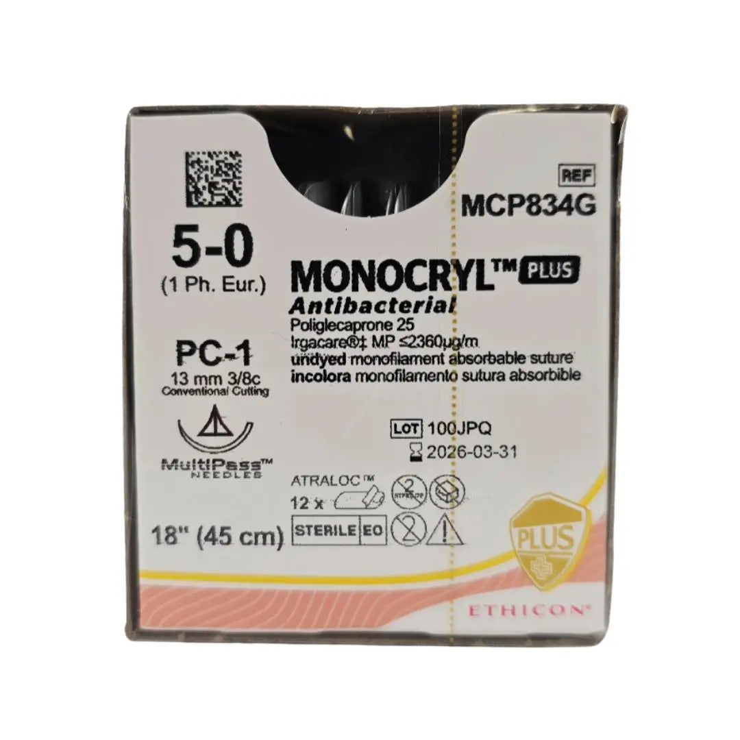 Ethicon MCP834G 5-0 MONOCRYL Plus Antibacterial 1X18" PC-1 Box of 12 Ethicon