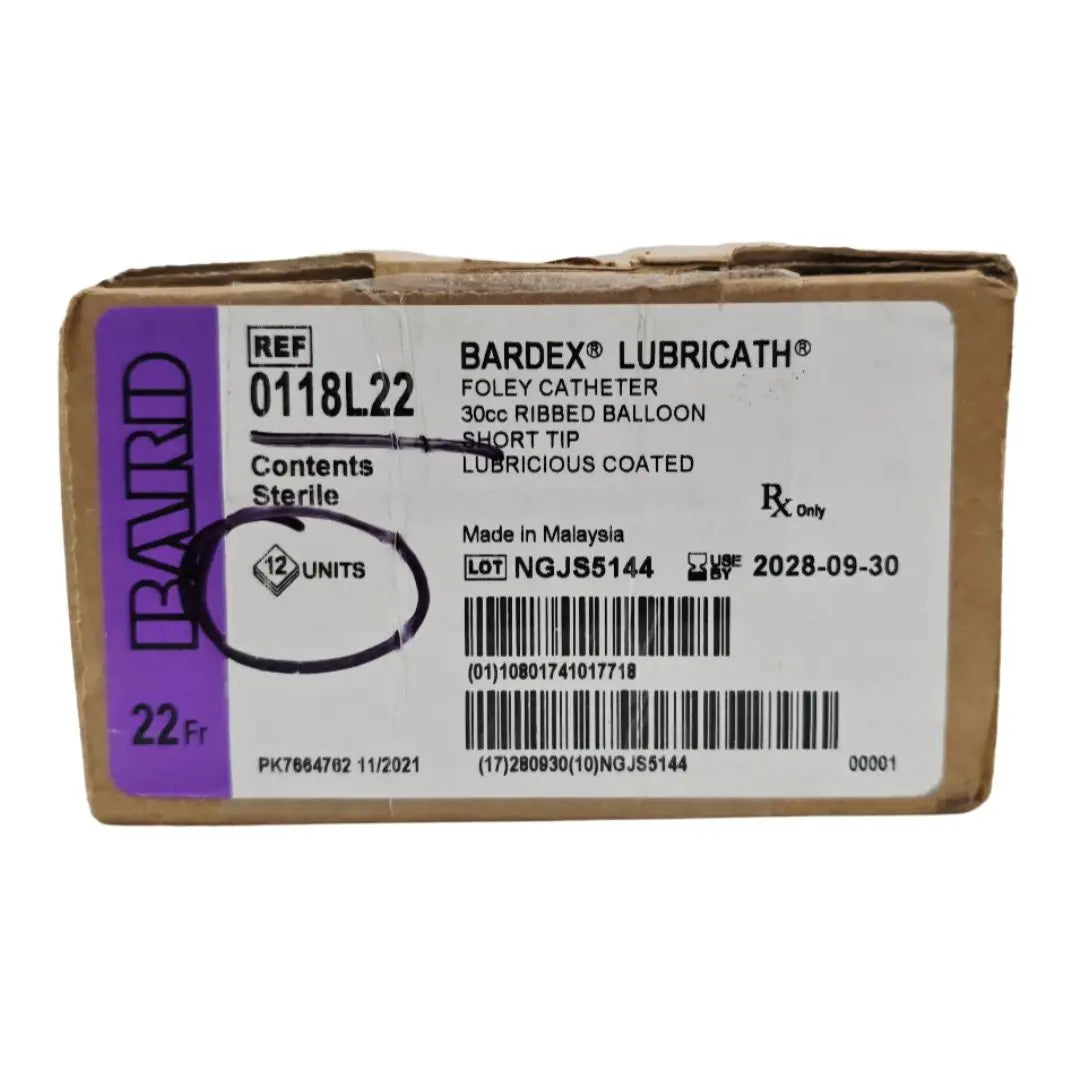Bard 0118L22 Bardex Lubricath Foley Catheter 30cc Ribbed Balloon Short Tip Lubricious Coated BX/12 Bard