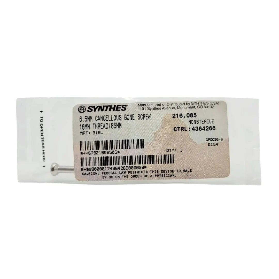 Synthes 216.085 6.5mm Cancellous Bone Screw 16mm Thread/85mm Synthes