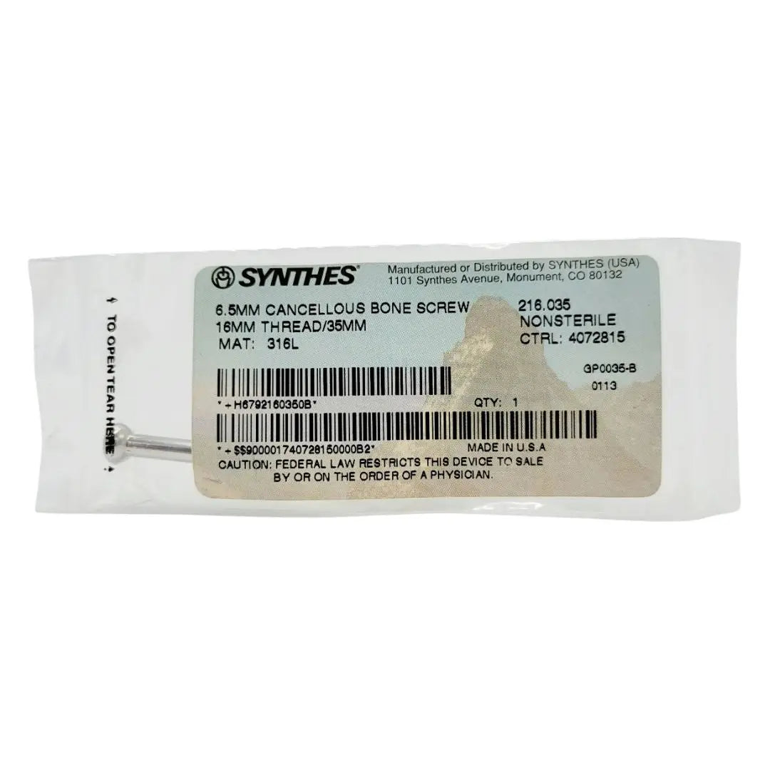 Synthes 216.035 6.5mm Cancellous Bone Screw 16mm Thread/35mm Synthes