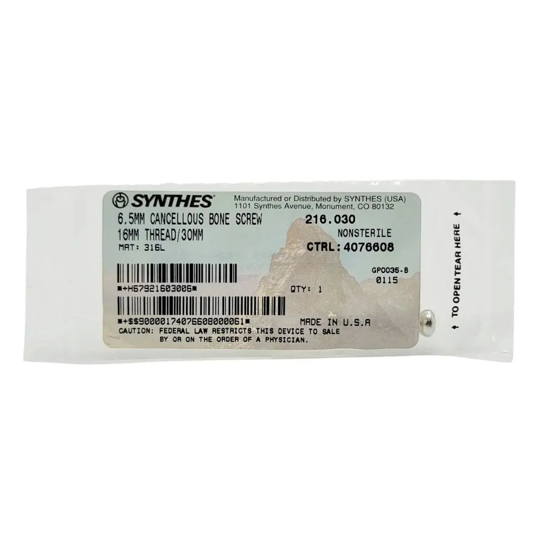 Synthes 216.030 6.5mm Cancellous Bone Screw 16mm Thread/30mm Synthes