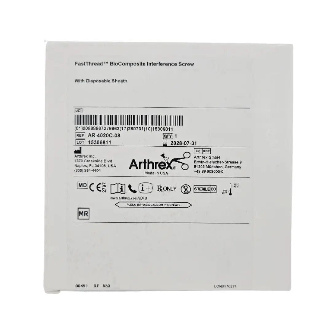 Arthrex AR-4020C-08 FastThread BioComposite Interference Screw w/ Disposable Sheath 8 x 20mm 1/EA Arthrex