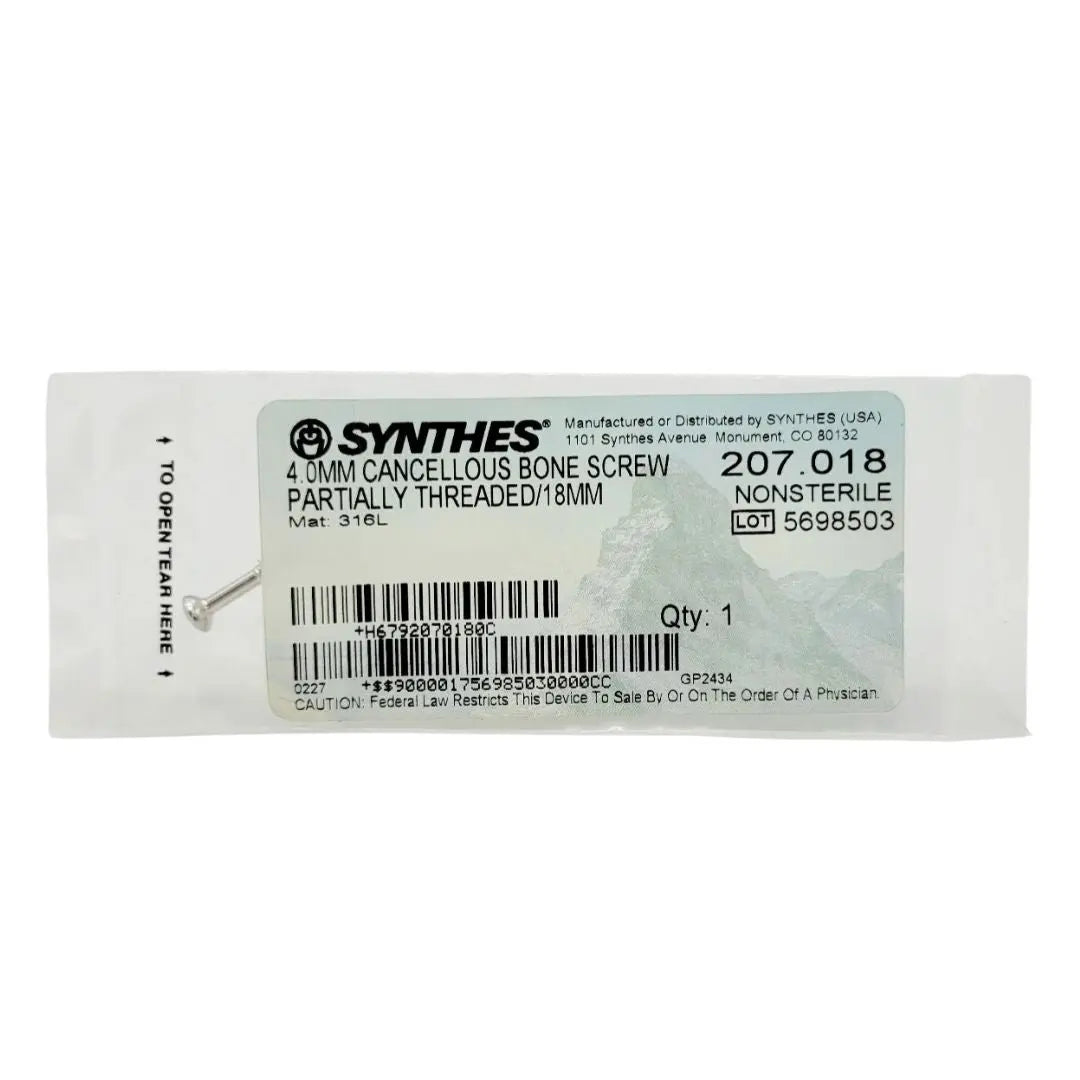 Synthes 207.018 4.0mm Cancellous Bone Screw Partially Threaded/18mm Synthes