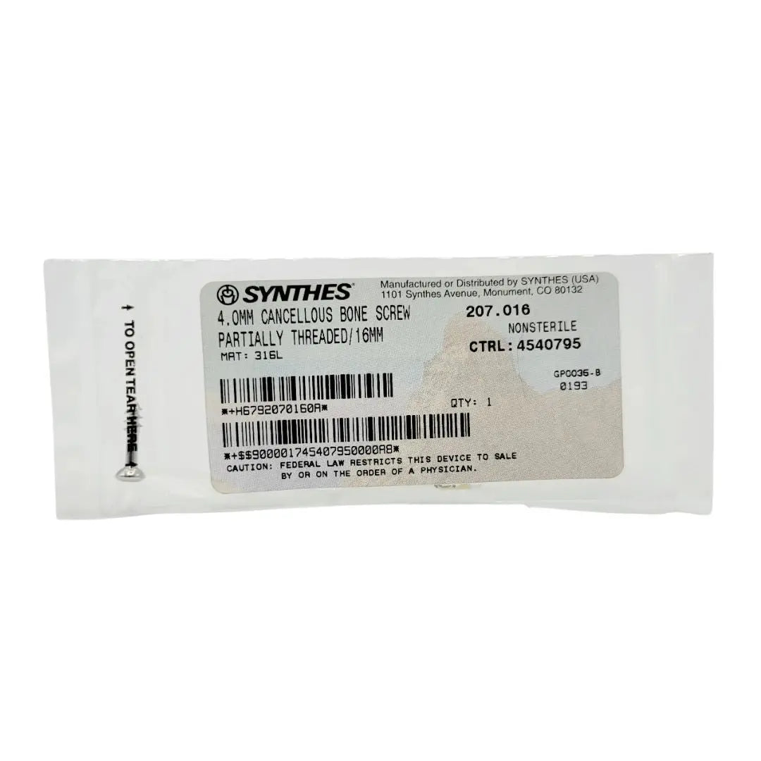 Synthes 207.016 4.0mm Cancellous Bone Screw Partially Threaded/16mm Synthes