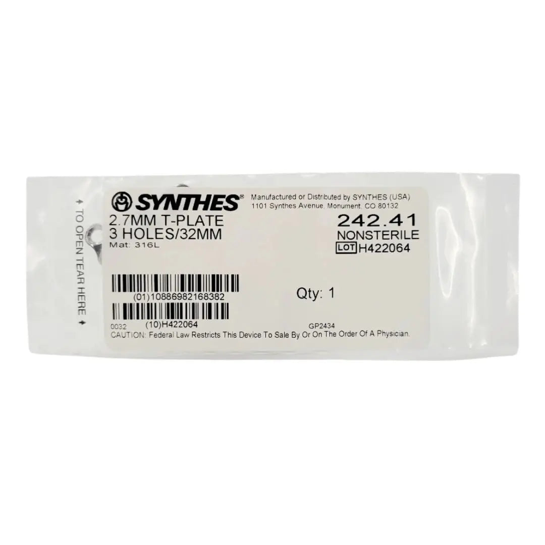 Synthes 242.41 2.7mm T-plate 3 holes 32mm orthopedic hardware Synthes