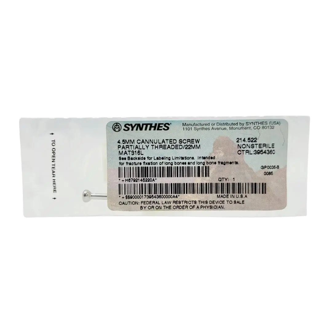 Synthes 214.522 4.5mm Cannulated Screw Partially Threaded/22mm Synthes