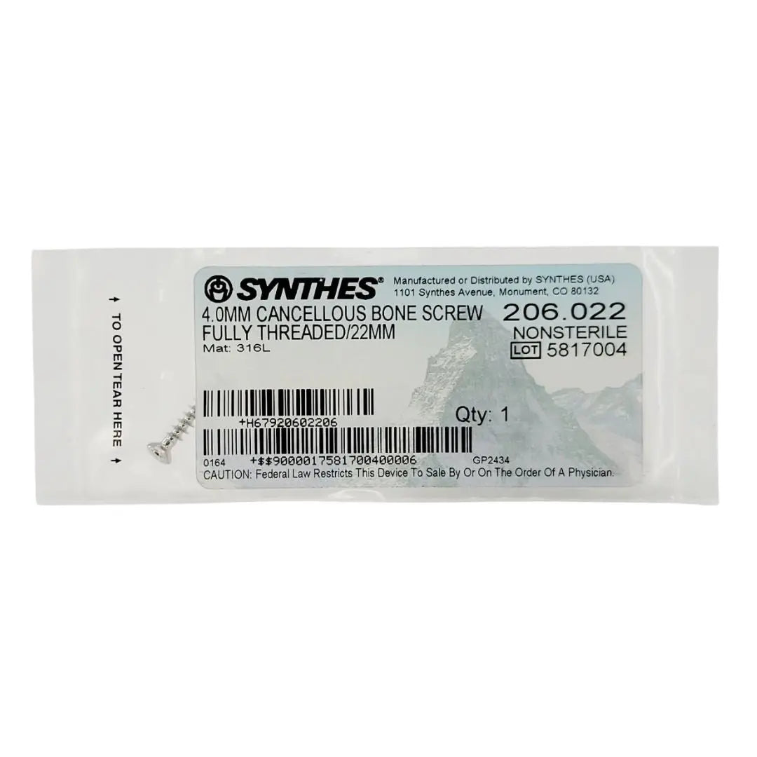 Synthes 206.022 4.0mm Cancellous Bone Screw Fully Threaded/22mm Synthes