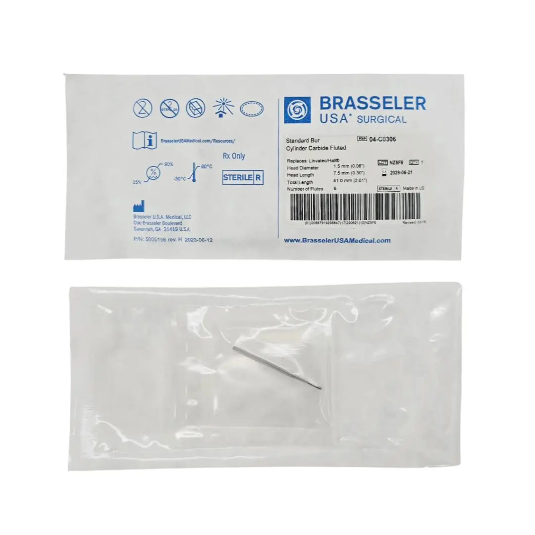 Brasseler 04-C0306 Standard Cylinder Carbide Fluted Bur 1.5mm x 7.5mm x 51mm 6 Flutes 1/EA Brasseler