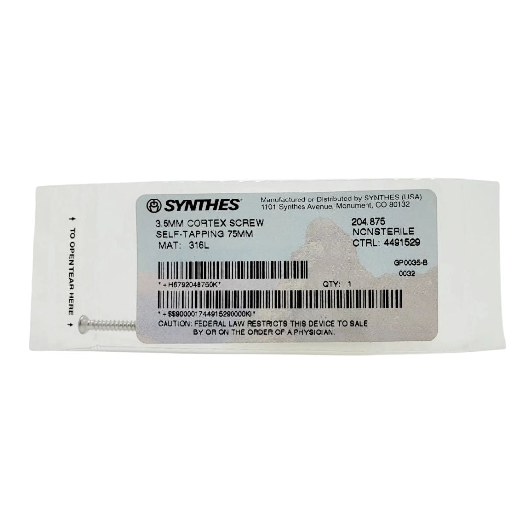 Synthes 204.875 3.5mm Cortex Screw Self-Tapping 75mm Orthopedic Hardware