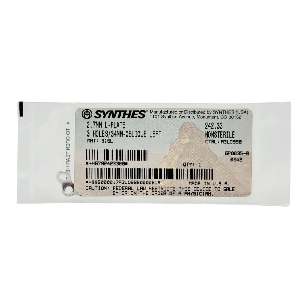 Synthes 242.33 2.7mm L-Plate 3 Holes 34mm Oblique Left Orthopedic Fixation Device