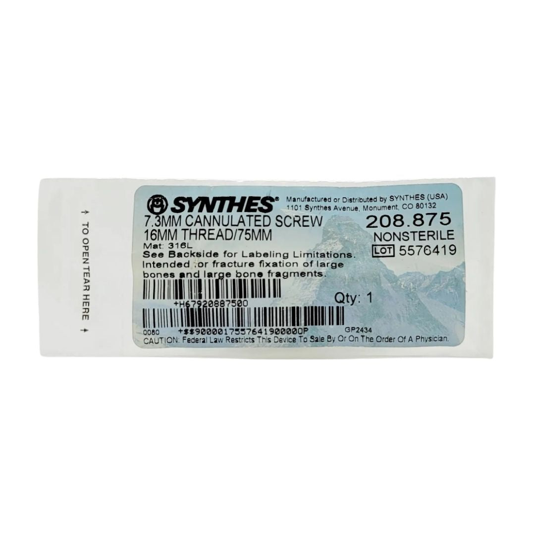 Synthes 208.875 7.3mm Cannulated Screw 16mm Thread/75mm