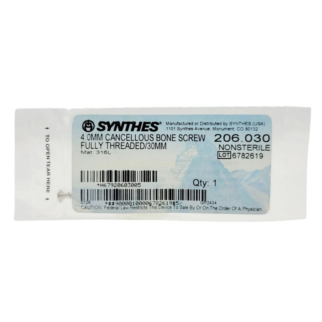 Synthes 206.030 4.0mm Cancellous Bone Screw Fully Threaded/30mm