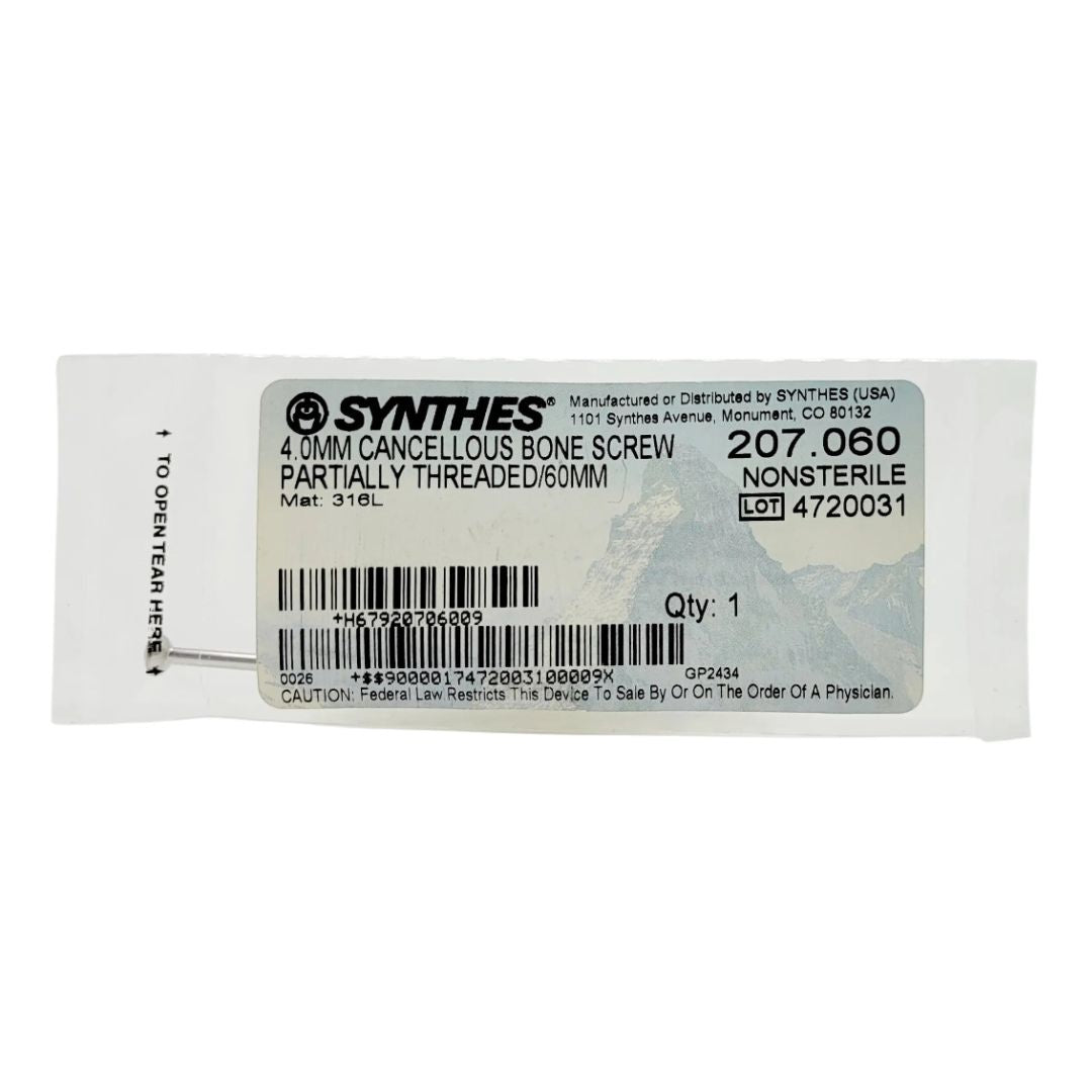 Synthes 207.060 4.0mm cancellous bone screw partially threaded 60mm orthopedic hardware