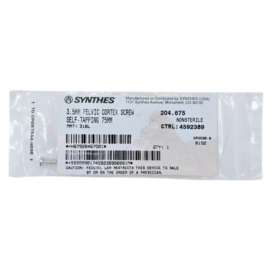 Synthes 204.675 3.5mm Pelvic Cortex Screw Self-Tapping 75mm Synthes