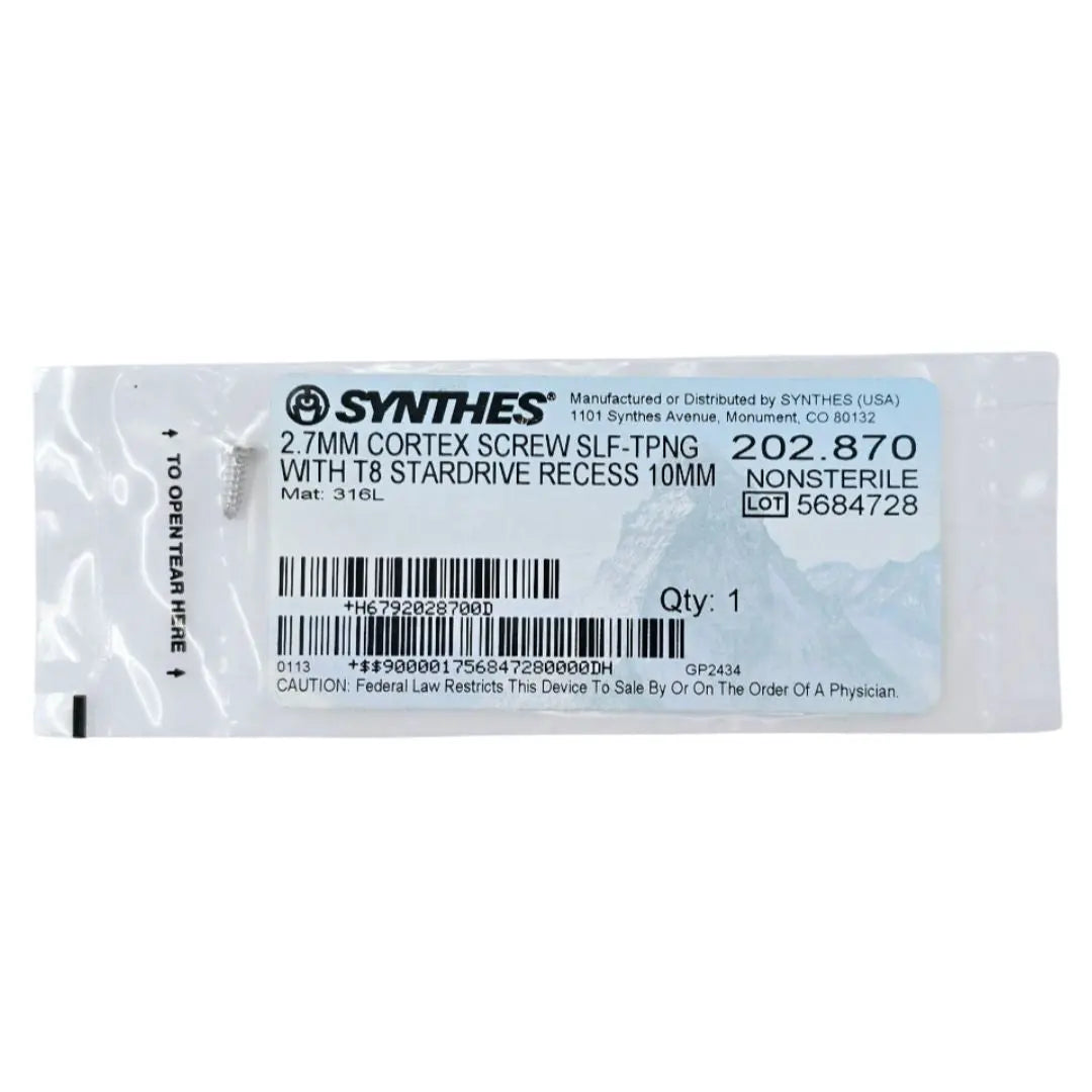 Synthes 202.870 2.7mm Cortex Screw Self-Tapping w/ T8 Stardrive Recess 10mm Synthes