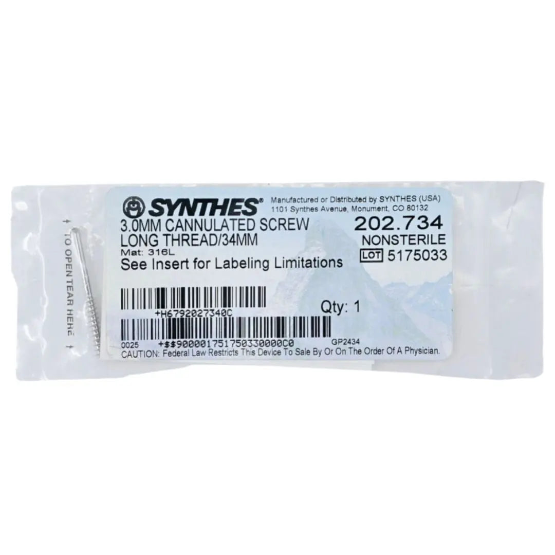 Synthes 202.734 3.0mm Cannulated Screw Long Thread/34mm Synthes
