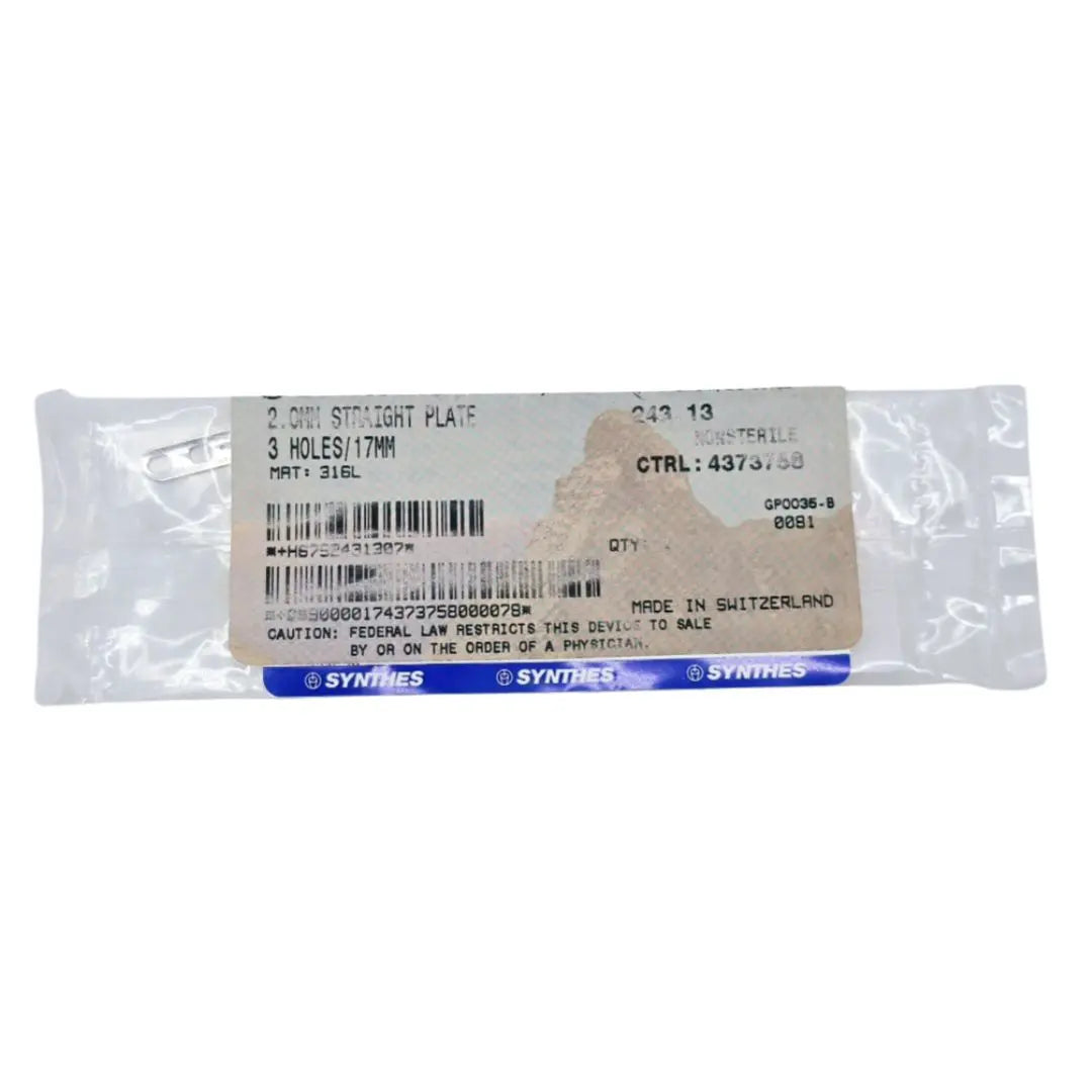 Synthes 243.13 2.0mm Straight Plate 3 Holes/17mm Synthes