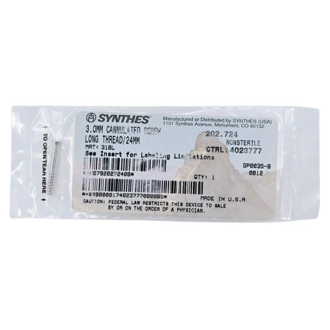 Synthes 202.724 3.0mm Cannulated Screw Long Thread/24mm Synthes