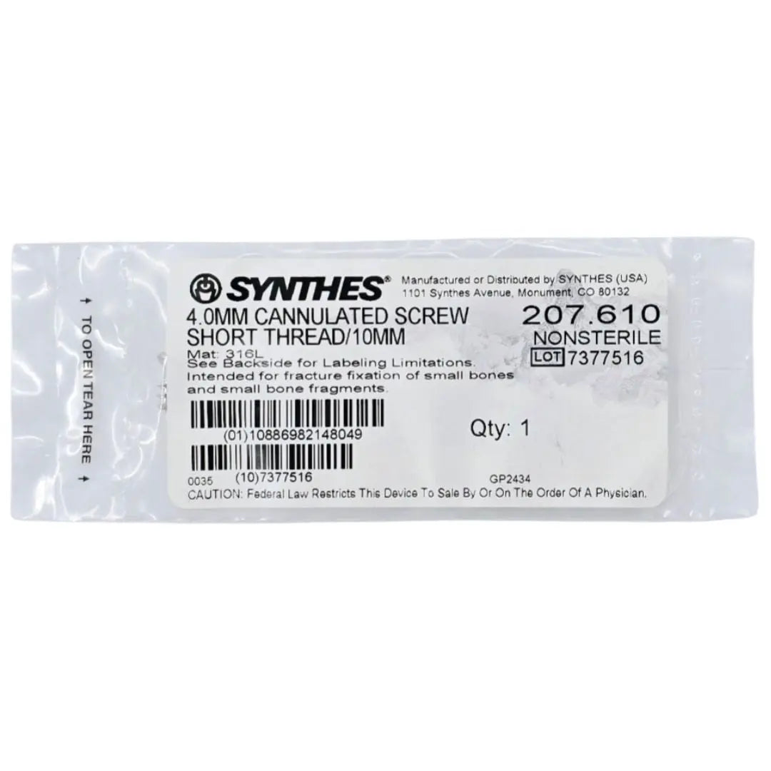 Synthes 207.610 4.0mm Cannulated Screw Short Thread/10mm Synthes