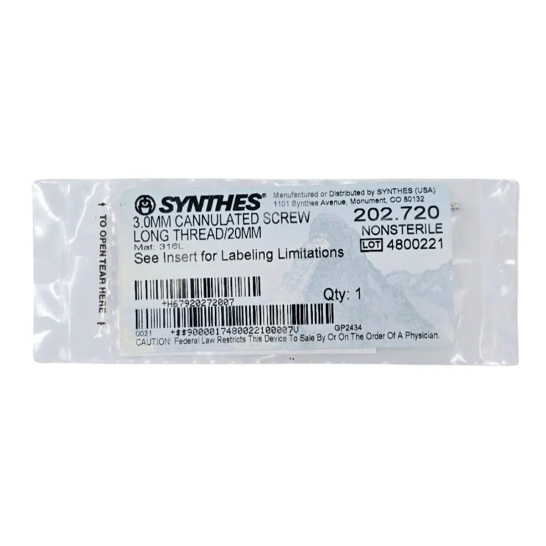 Synthes 202.720 3.0mm Cannulated Screw Long Thread 20mm Synthes
