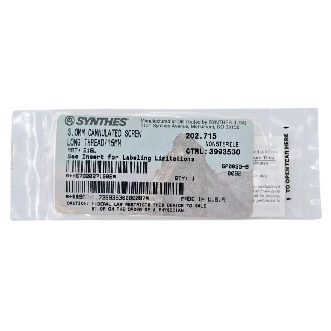Synthes 202.715 3.0mm Cannulated Screw Long Thread 15mm Synthes