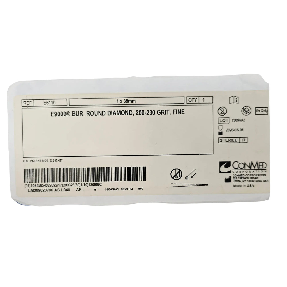 ConMed Linvatec E6110 E9000 Fine Round Diamond Bur 1.0mm x 38mm ConMed