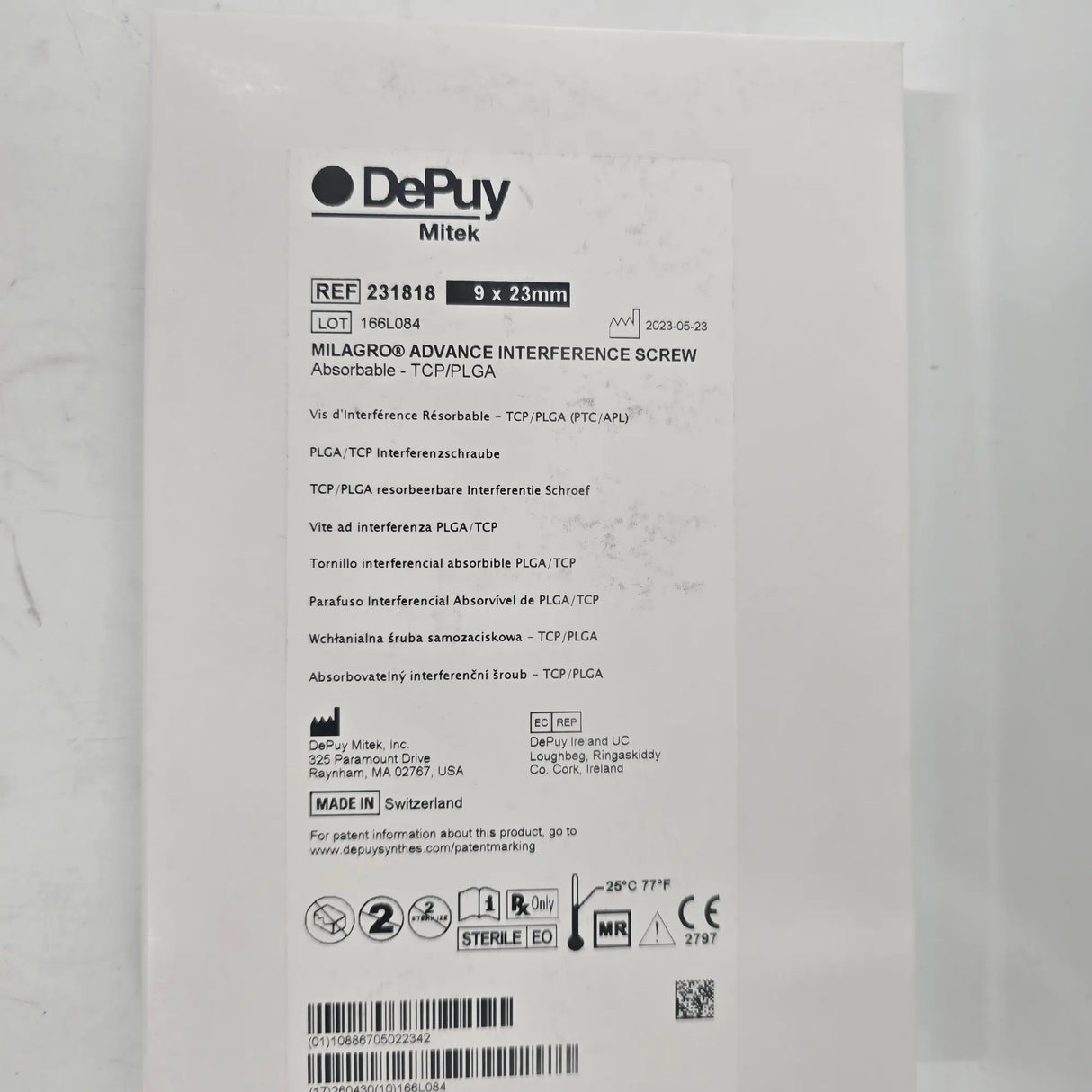 DePuy Mitek 231818 MILAGRO ADVANCE Interference Screw – 9mm x 23mm Biocryl Rapide DePuy Mitek