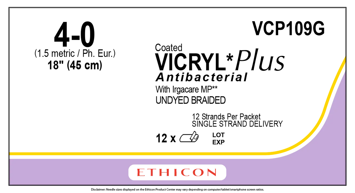 Ethicon Vicryl Plus VCP109G Suture - 18" Violet Braided Polyglactin 910, Absorbable (Box of 144) Ethicon