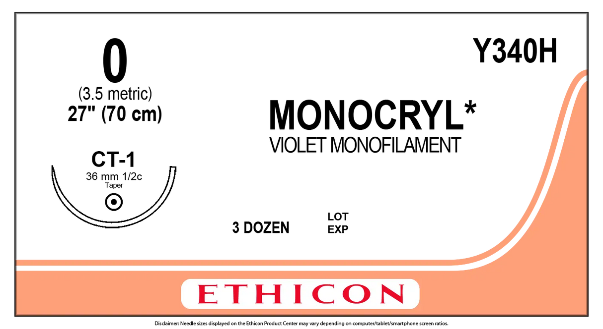 Ethicon Monocryl Y340H Suture - Violet Monofilament Poliglecaprone 25, Absorbable (Box of 36) Ethicon