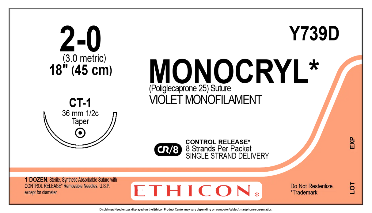 Ethicon Monocryl Y739D Suture - Violet Monofilament Poliglecaprone 25, Absorbable (Box of 12) Ethicon