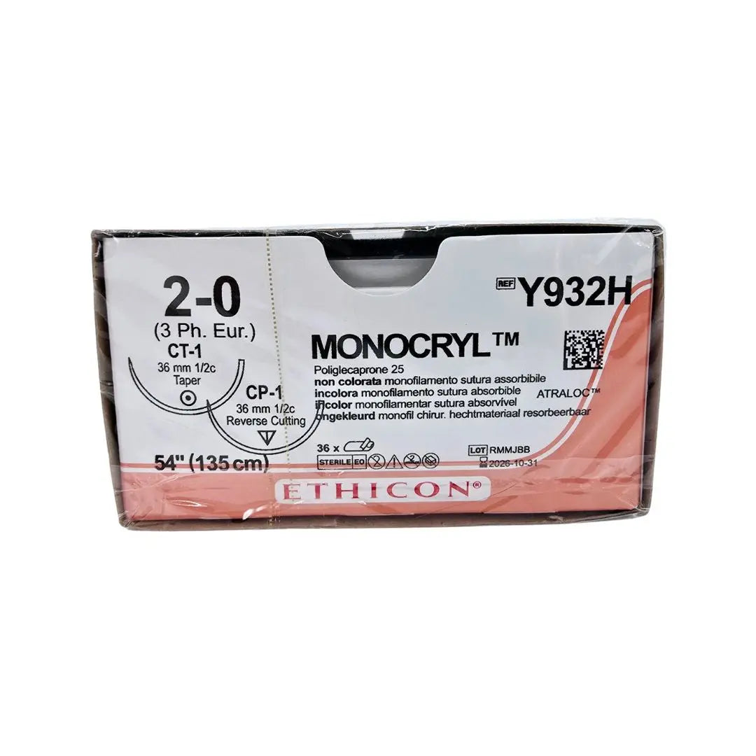 Ethicon Y932H 2-0 MONOCRYL UNDYED 1X54" CP-1,CT-1 DOUBLE ARMED Box of 36 Ethicon