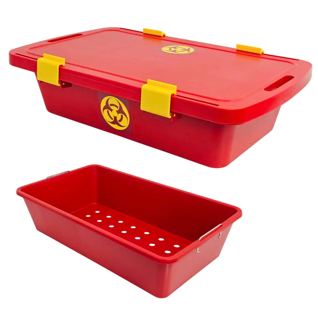 Medline Red Biohazard Instrument Transport Tote 29x18x8 with Lid & Tray Primis Medical