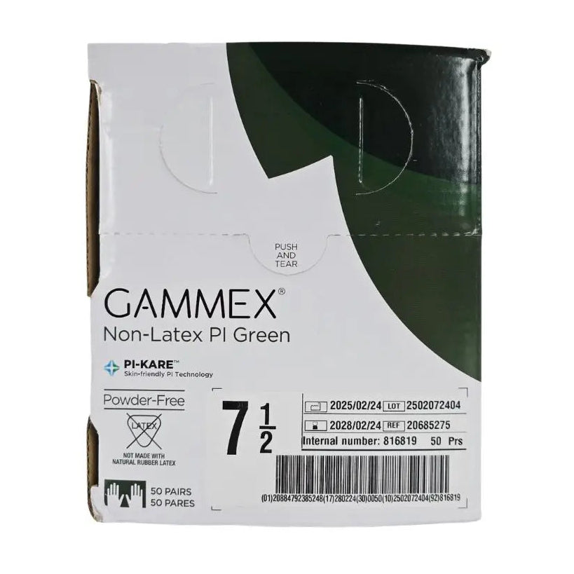 Ansell 816819 GAMMEX Non-Latex PI Green Surgical Gloves Size 7-1/2 BX/50 Pairs Primis Medical