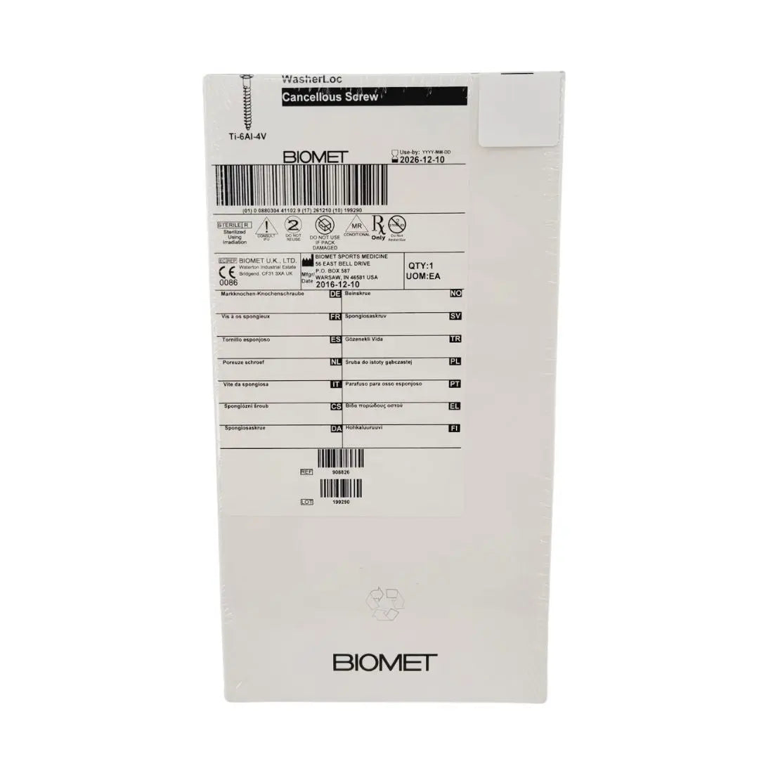 Biomet 908826 Ti-6AI-4V WasherLoc Cancellous Screw 6mm x 26mm Biomet