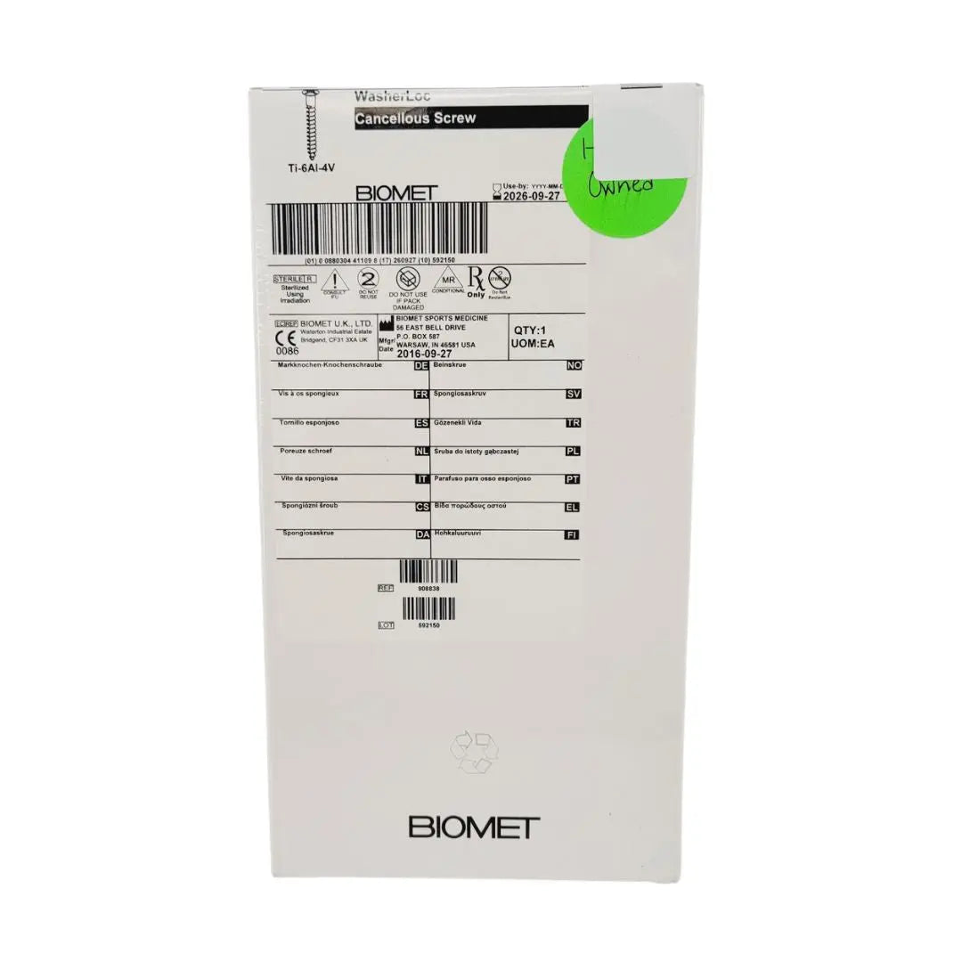 Biomet 908838 Ti-6AI-4V WasherLoc Cancellous Screw 6mm x 38mm Biomet