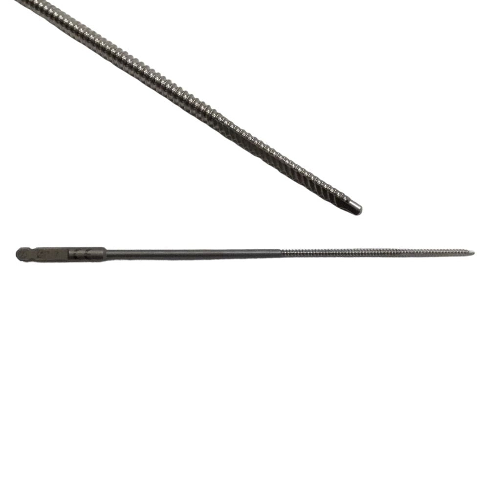 Two metal rods with threading on a white background